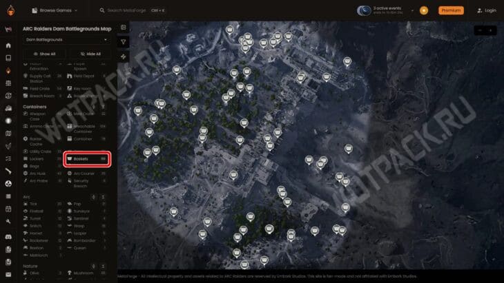 Интерактивная карта с отображением корзин