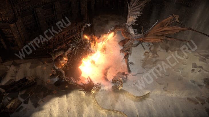 Друид в форме виверны сражается с боссом