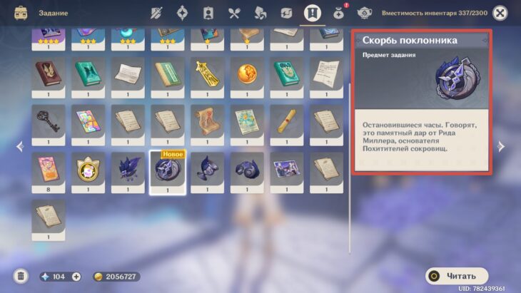 Предмет задания "Скорбь поклонника" в инвентаре