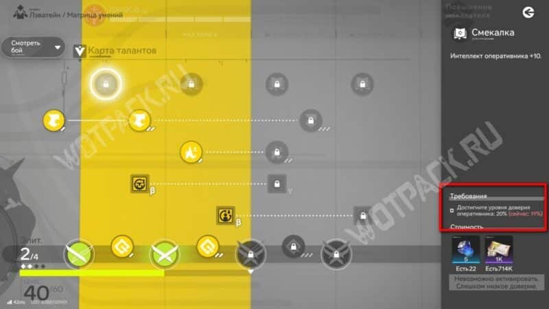 Заблокированная ячейка талантов в матрице умений героини