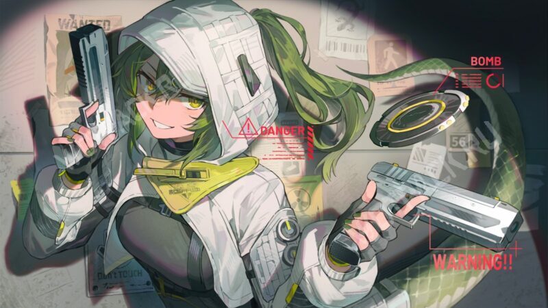 Флюорит с пистолетами на фоне стены с объявлениями о розыске