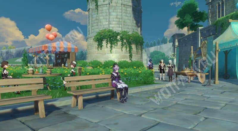 Дурин сидит на скамейке в Мондштадте