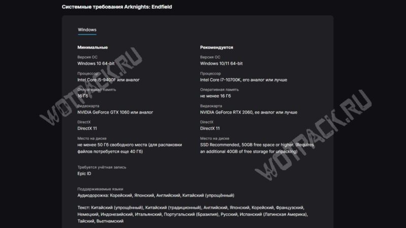 Список системных требований из Epic Games Store