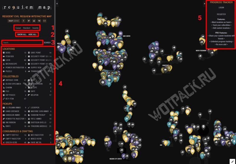 Разделы интерфейса интерактивной карты игры