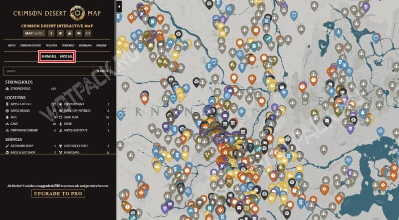 Интерфейс интерактивной карты мира Crimson Desert