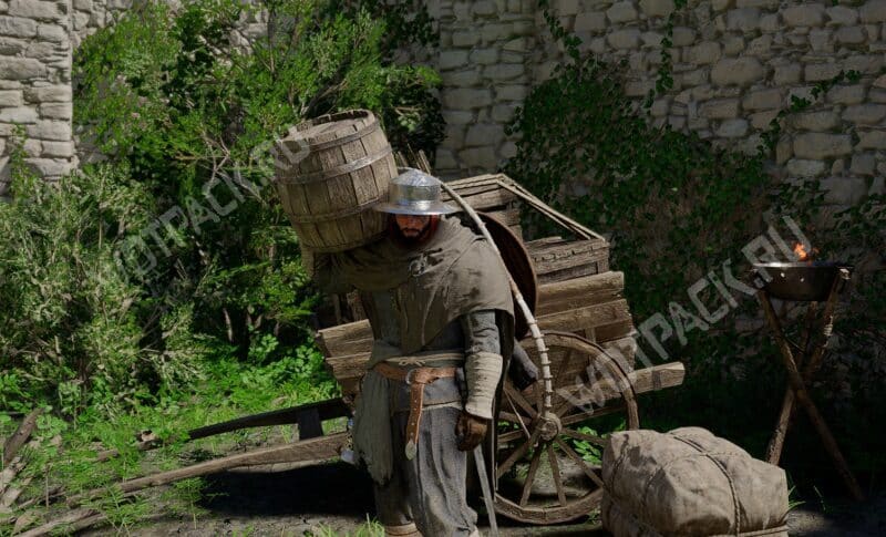 Серогривый переносит бочку с повозки