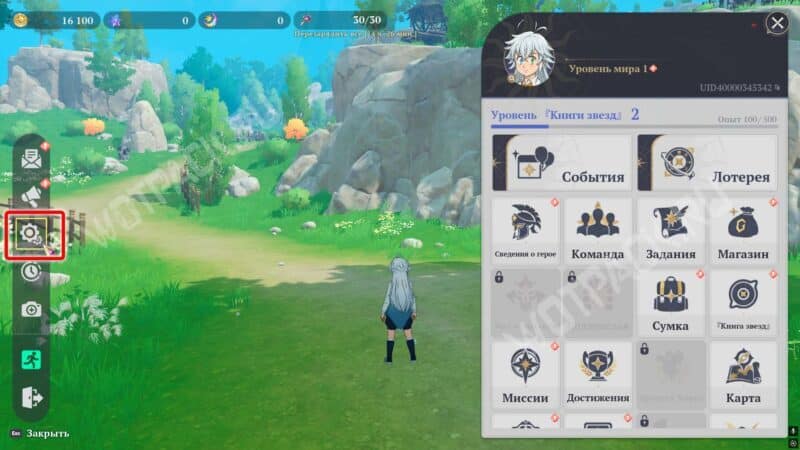 Раздел настройки в панели главного меню