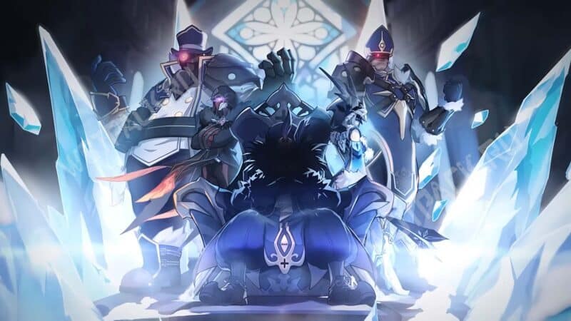 Пульчинелла на ледяном троне в окружении офицеров Фатуи