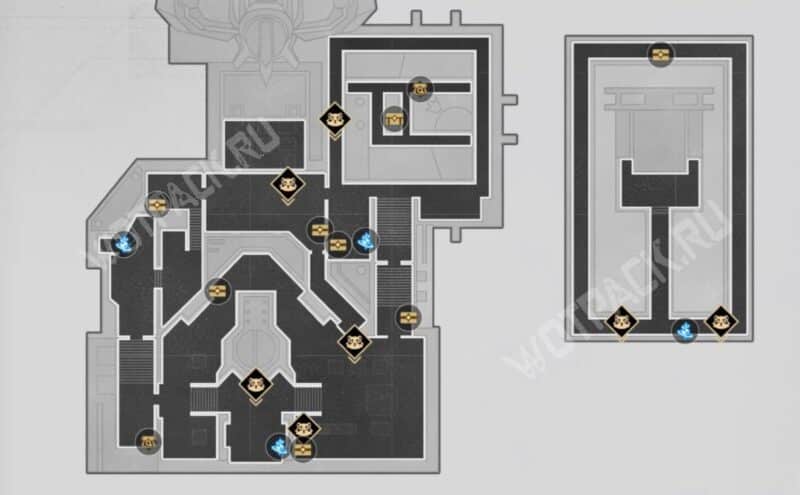 Расположение сундуков и загадок на карте здания корпорации "Жемчужный блеск"
