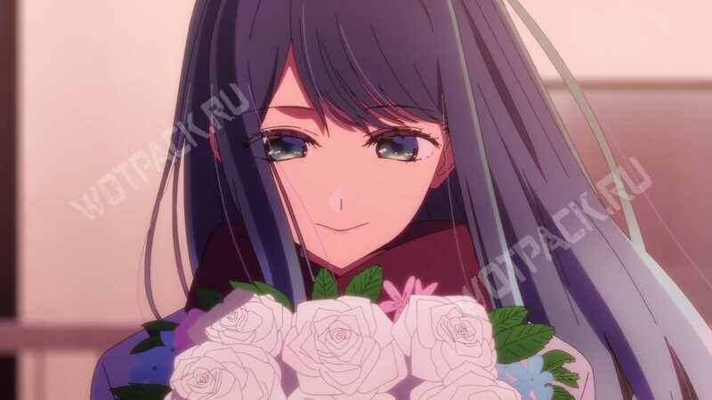 Акане держит цветы и грустно улыбается