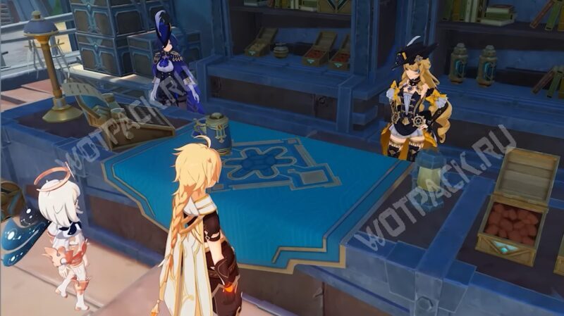 Путешественник смотрит на Навию и Клоринду за прилавком