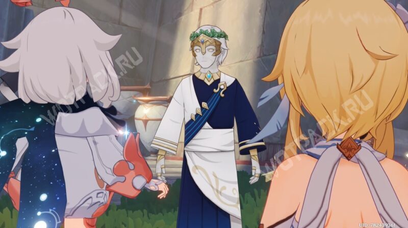 Кальцерий общается с "Путешественницей" Люмин и Паймон