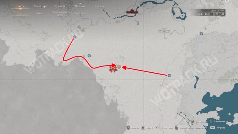 Расположение Святилища всепрощения и маршруты от Средоточий Бездны