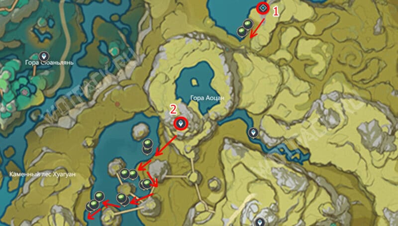 Маршрут сбора чашечек лотоса около горы Аоцан и к югу от нее