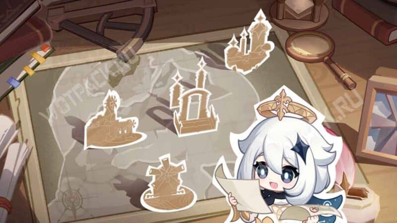 Паймон стоит с картой и смотрит на новую область