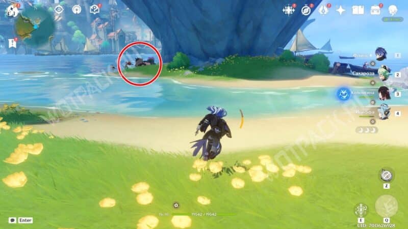 Хиличурлы у ящиков на побережье