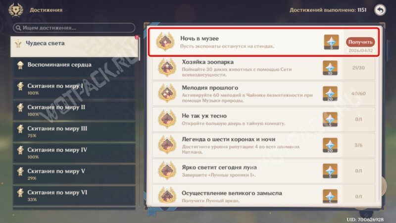 Список достижений с открытой ачивкой "Ночь в музее"