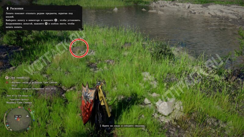 Место раскопок на островке у кустарника