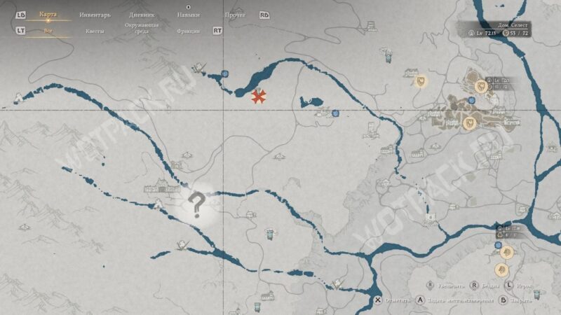 Карта с отметкой места поиска улик в руинах Сумрачного леса