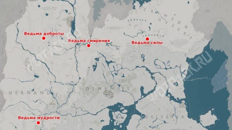 Расположение всех первых встреч с ведьмами на карте Пайвела