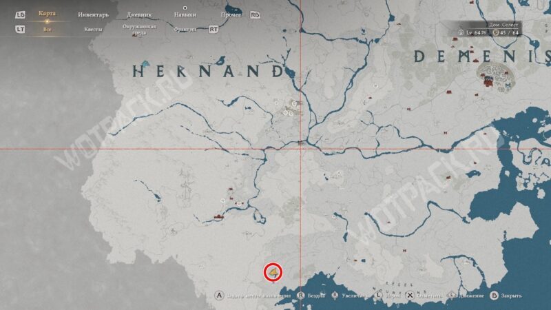 Расположение пещеры рассвета на карте Эрнанда