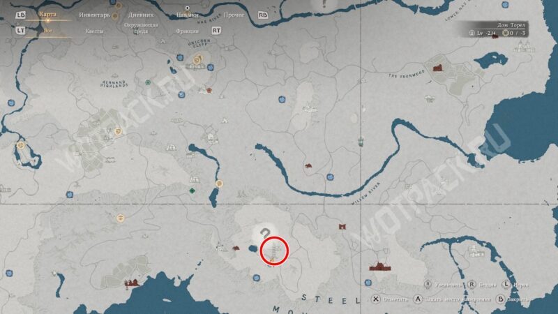 Расположение Шпиля озарения на карте Эрнанда