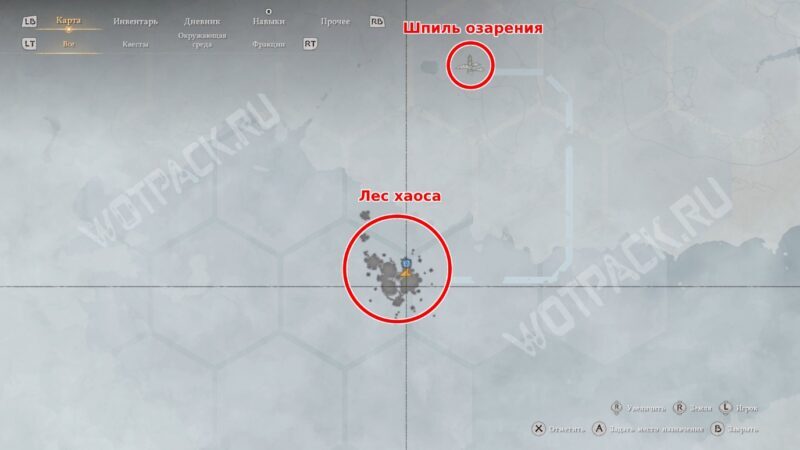 Расположение Леса хаоса и Шпиля озарения на карте Бездны