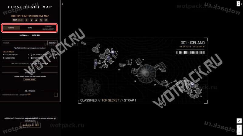 Интерфефс интерактивной карты с выбором локаций