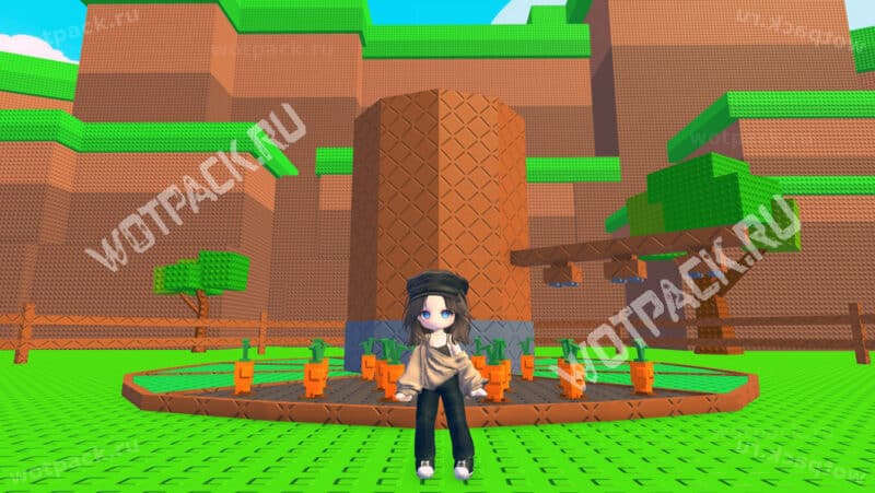 Персонаж и ферма в режиме Build a Ring Farm в Roblox