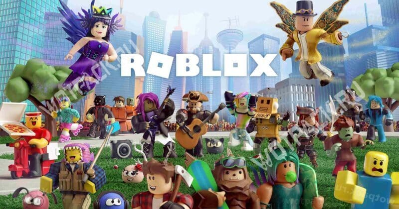 Логотип Roblox и популярные персонажи в городе