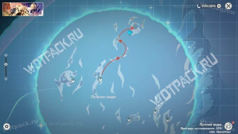 Путь до северного телепорта в Лунном море на карте