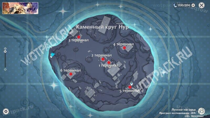 Расположение шести терминалов в Каменному круге Нур (карта)