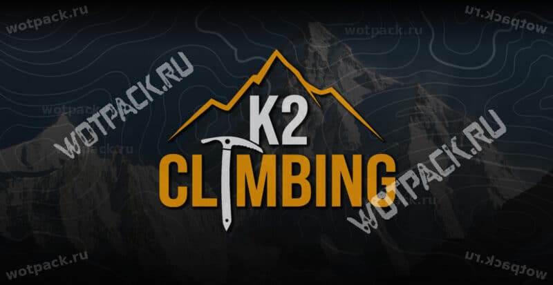 Логотип режима K2 Climbing на фоне гор
