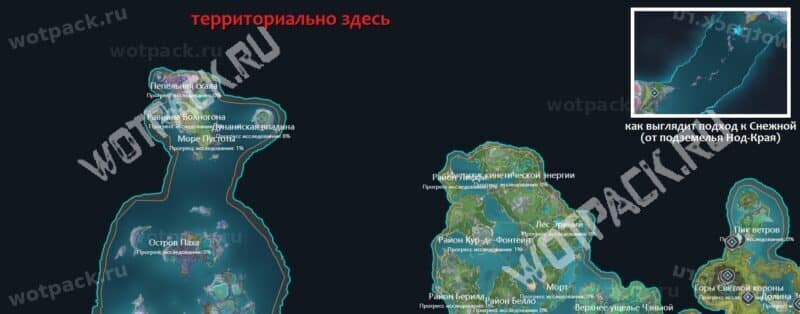 Карта Тейвата с отмеченной зоной Снежной (начало региона)
