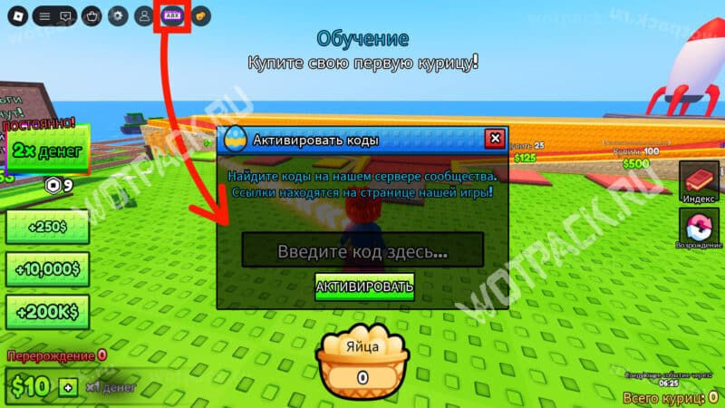 Окно ввода промокодов в режиме Куриная ферма
