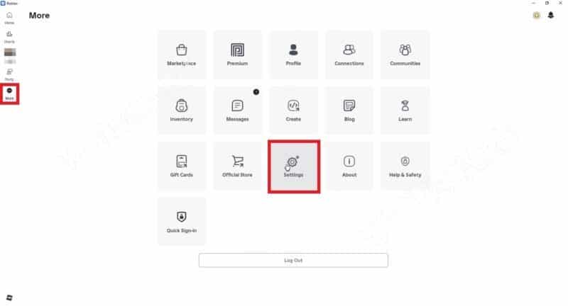 Переход в меню настроек в приложении Roblox