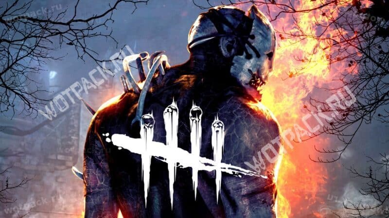 Охотник и логотип Dead by Daylight на фоне пожара